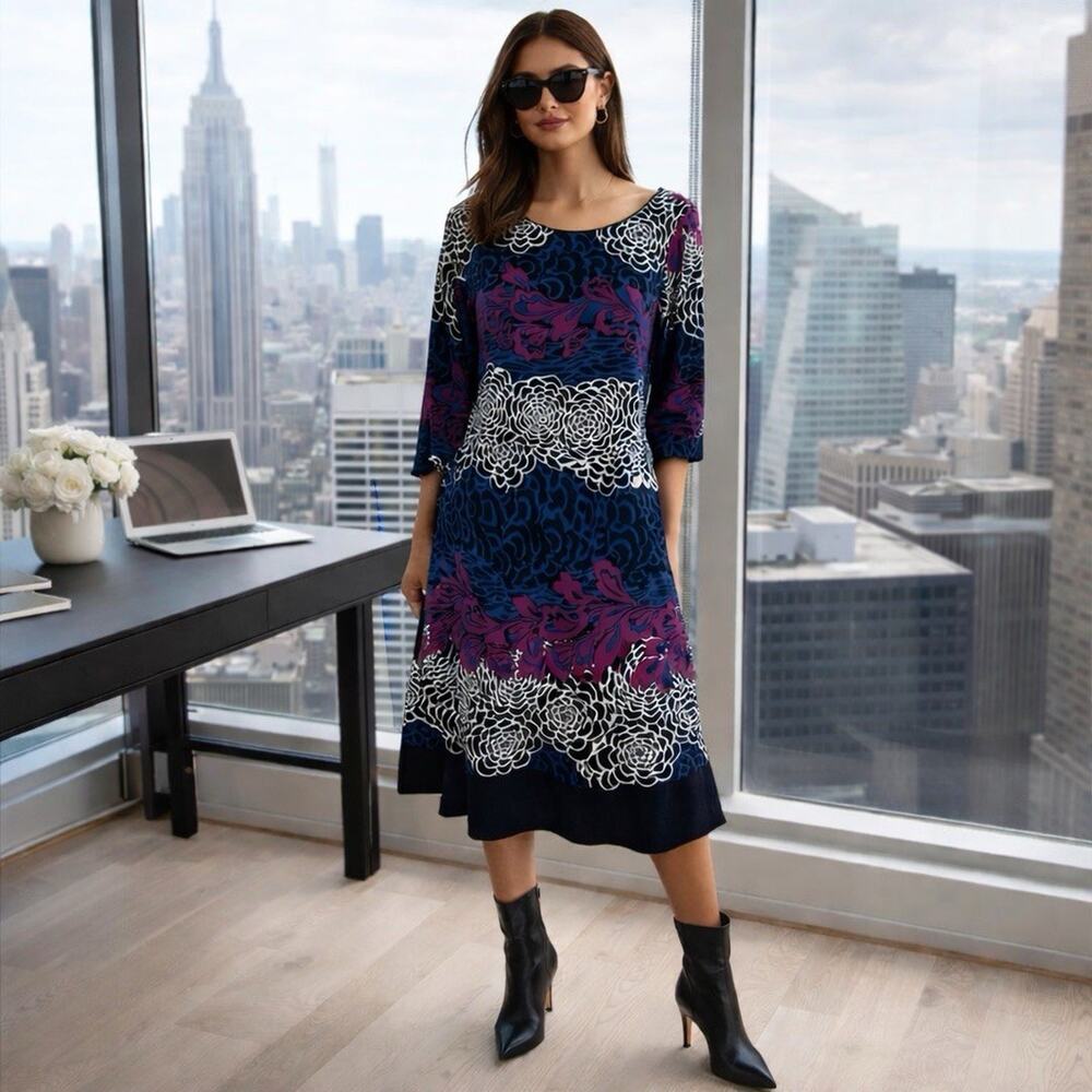 Laundry by Shelli Segal Abstract Floral Midi Dress Chic Work to Weekend Sz S